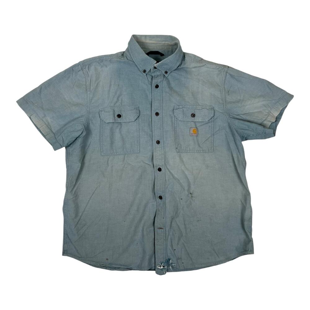 Carhartt Shirt Mens XL Blue Chambray Short Sleeve Button Front Workwear STAINED